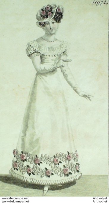 Gravure de mode Costume Parisien 1821 n°1974 Robe de tulle garnie en feuilles