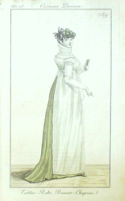 Gravure Costume Parisien 1805 an 13 # 589 (eau forte) Robe bonnet tablier