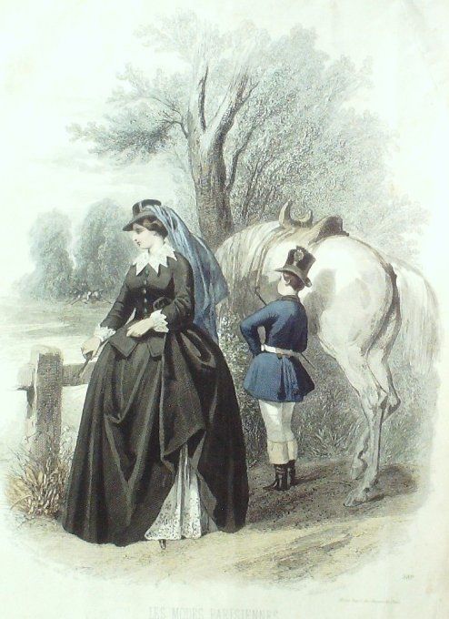 Gravure Les Modes Parisiennes 1849 # 589 Cavalière Amazone 