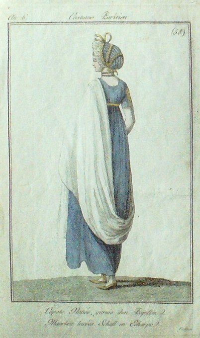 Gravure Mode Costume Parisien 1797 an  6 #  58 (eau forte old Fashion plate