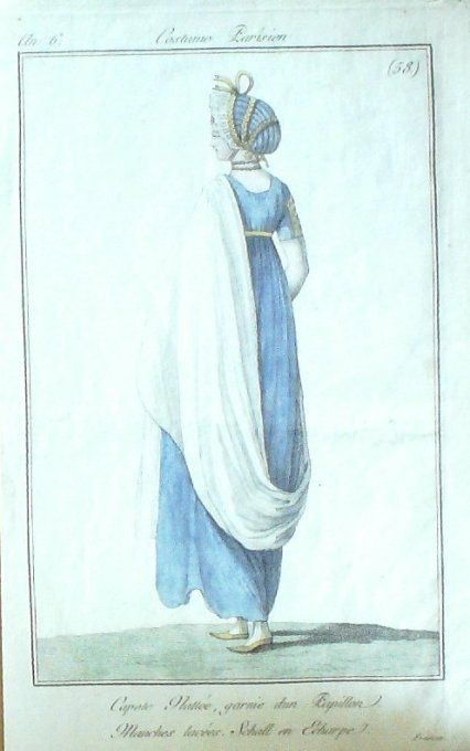 Gravure Mode Costume Parisien 1797 an  6 #  58 (eau forte old Fashion plate