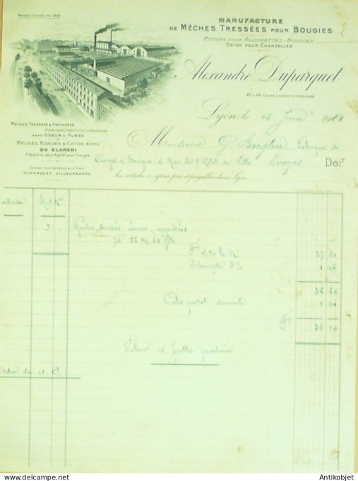 Facture Alexandre Duparquet (mèches tressées pour bougies) 1900 Lyon (69)