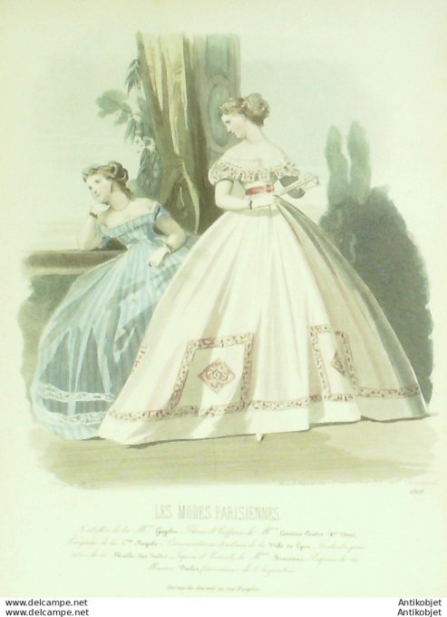 Gravure Les Modes Parisiennes 1864 #1168 Robes mousseline Maison Cagelin