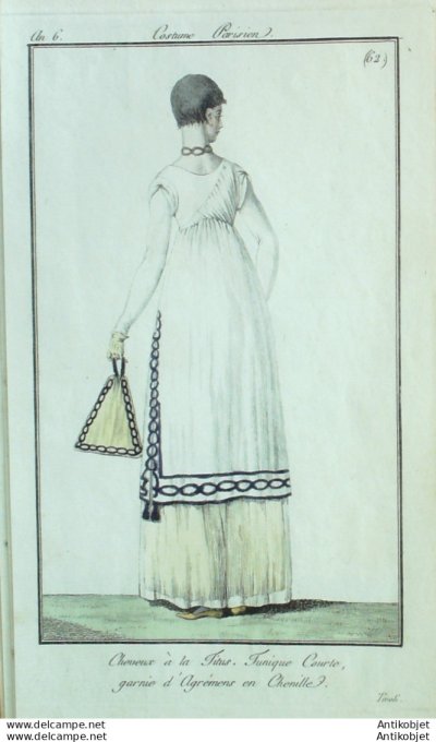 Gravure de mode Costume Parisien 1798 n° 62 (An 6) Tunique courte garnie