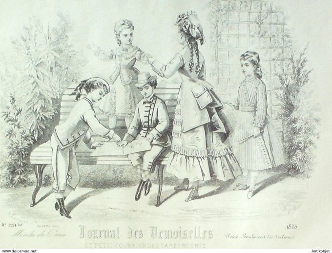 Gravure Mode J.Demoiselles 1875 # 3994b (aquarelle Old Fashion plate)