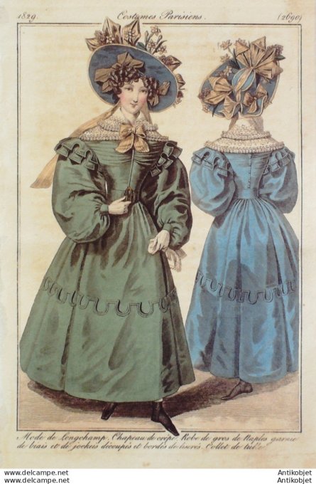 Gravure de mode Costume Parisien 1829 n°2690 Robe gros de Naples