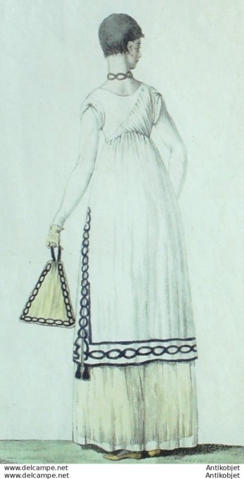 Gravure de mode Costume Parisien 1798 n° 62 (An 6) Tunique courte garnie