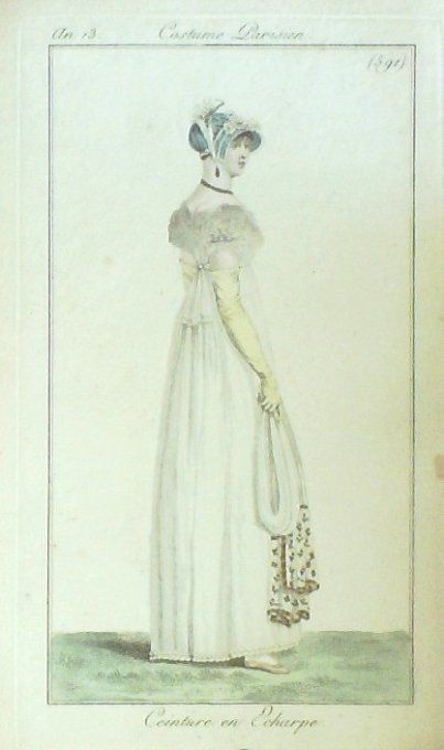 Gravure Costume Parisien 1805 an 13 # 591 (eau forte) Ceinture en écharpe