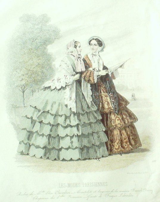 Gravure Les Modes Parisiennes 1850 # 591 Mantelets robes Maison Chevalier