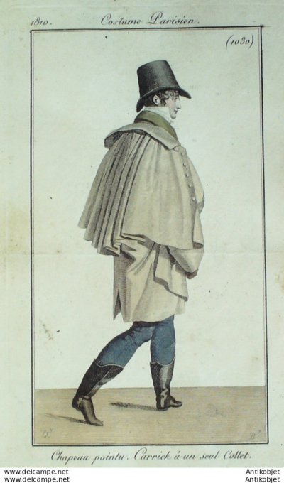 Gravure de mode Costume Parisien 1810 n°1030 Chapeau homme Carrick à collet