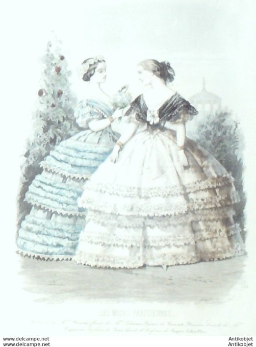 Gravure Les Modes Parisiennes 1856 # 753 Robes de promeande Maison Minette