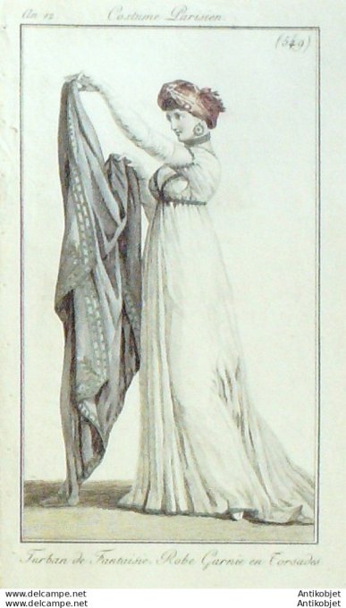 Gravure de mode Costume Parisien 1804 n° 549 (An 12) Turban fantaisie Robe garnie