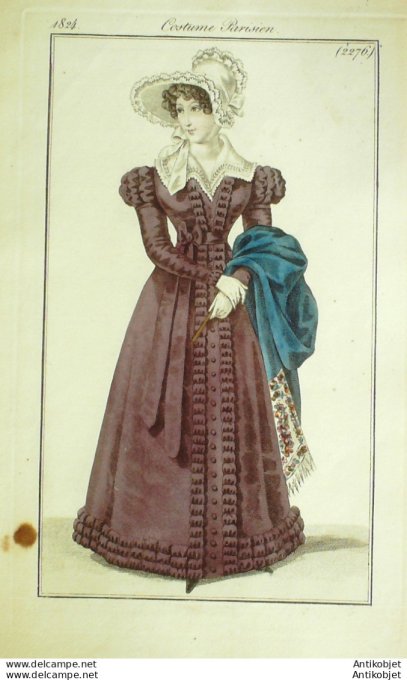 Gravure de mode Costume Parisien 1824 n°2276 Robe satin velours garnie de broderies