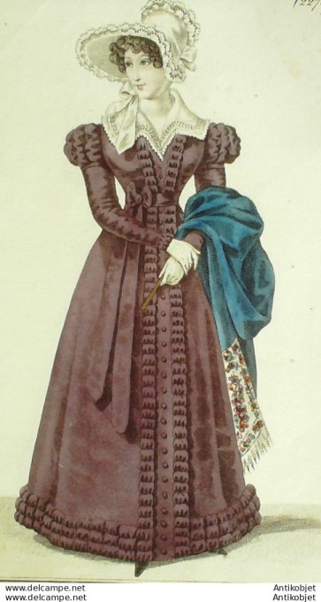 Gravure de mode Costume Parisien 1824 n°2276 Robe satin velours garnie de broderies