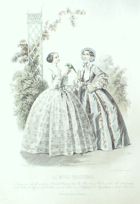 Gravure Les Modes Parisiennes 1850 # 593 Robes en rubans Maison Deray