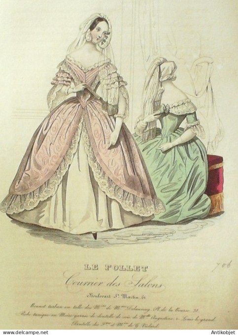 Gravure Mode Le Follet 1841 # 706 (aquarelle Old Fashion plate)