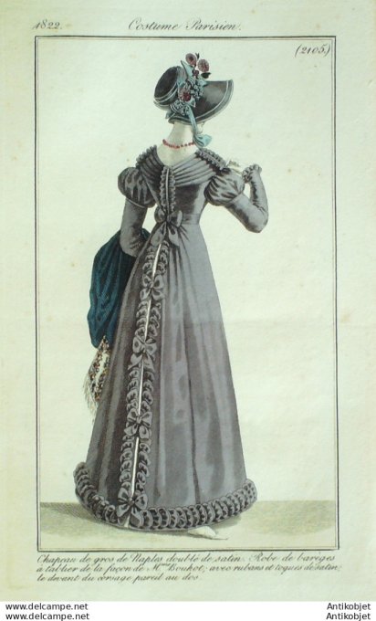 Gravure de mode Costume Parisien 1822 n°2105 Robe Barèges tablier rubans