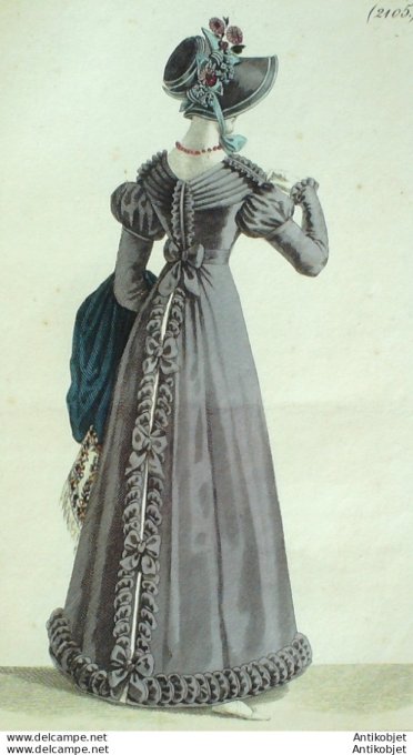 Gravure de mode Costume Parisien 1822 n°2105 Robe Barèges tablier rubans