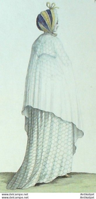 Gravure de mode Costume Parisien 1798 n° 63 (An 6) Capote en crêpe shall