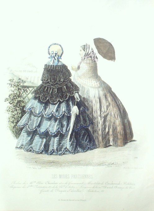 Gravure Les Modes Parisiennes 1850 # 594 Robes velours Maison Chevalier