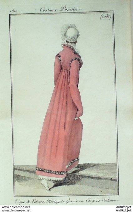 Gravure de mode Costume Parisien 1810 n°1031 Redingote en chefs cachemire