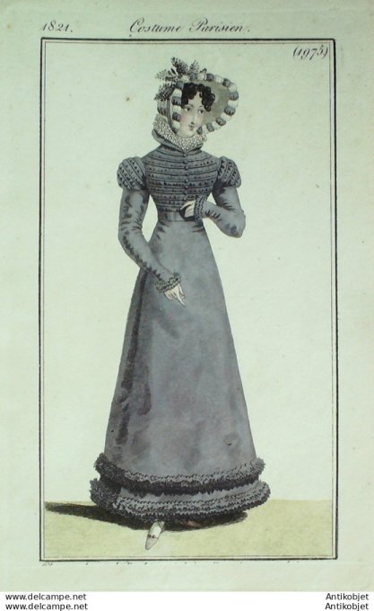 Gravure de mode Costume Parisien 1821 n°1975 Corsage à coulisse en ruches