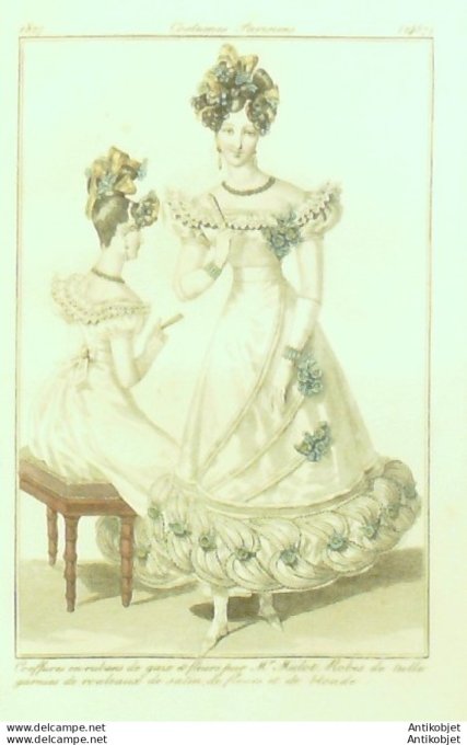 Costume Parisien 1827 # 2487 Robes de tulle garnies de rouleaux