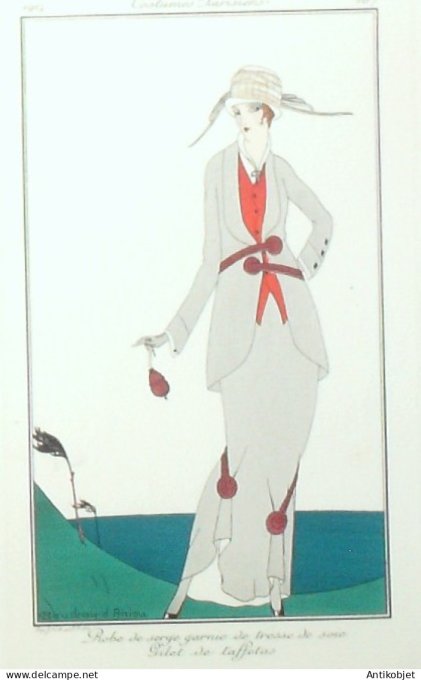 Gravure de mode Costume Parisien 1914 pl.167 BAUDRAY D'ANIOU Robe de Serge
