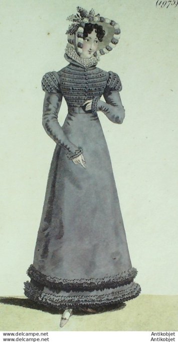 Gravure de mode Costume Parisien 1821 n°1975 Corsage à coulisse en ruches