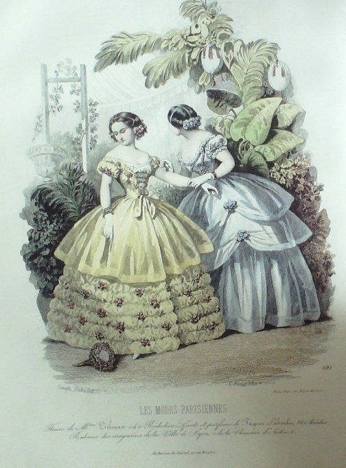 Gravure Les Modes Parisiennes 1850 # 595 Robes tissus Maison Tilman