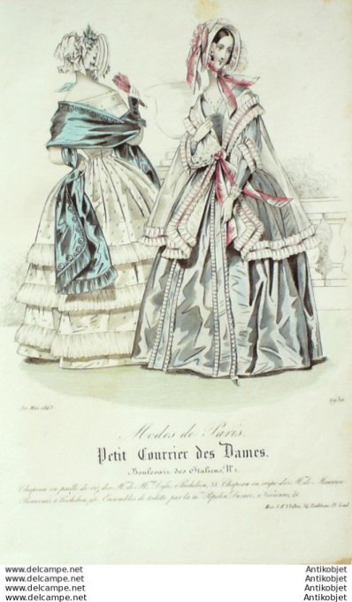 Gravure Mode Courrier des Dames 1843 # 1930 (eau forte old Fashion plate)