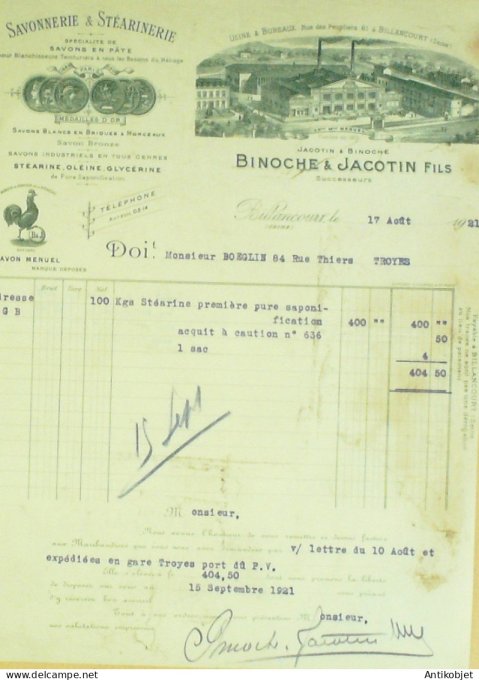 Facture Binoche & Jacotin (savonnerie & Stéarinerie) 1921 à Billancourt