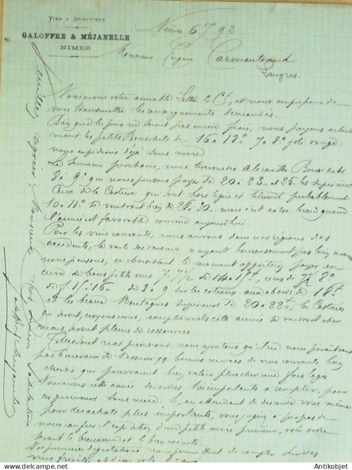 Facture Galoffre & Méjanelle (Vins spititueux) 1892 à Nîmes (30)