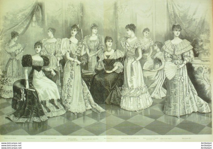 Gravure de mode La Mode illustrée (Maison Coussinet) Toilettes de bal