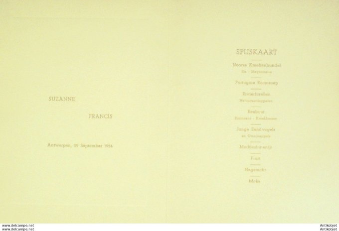 Menu illustré de Mariage Suzanne & Francis signé Renaudin Anvers 1954 2