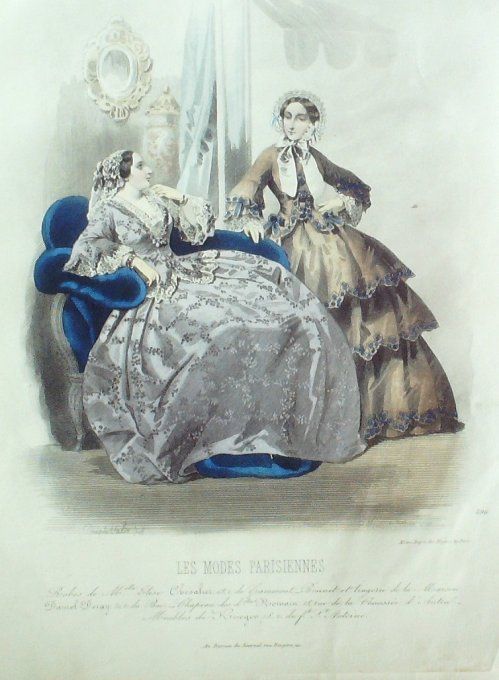 Gravure Les Modes Parisiennes 1850 # 596 Robes en gros de Naples Maison Chevalier