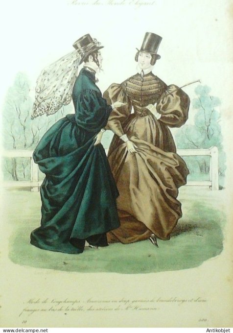 Gravure La mode 1836 # 500 (aquarelle old Fashion plate) Amazones