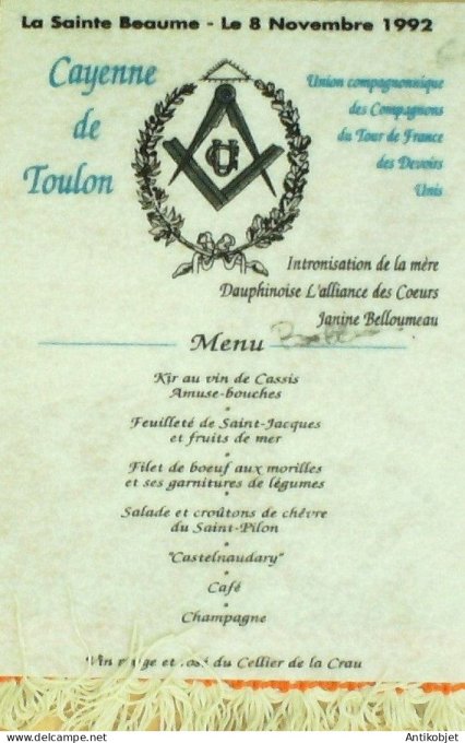 Menu fanion illustrant La Ste Beaume banquet Cayenne de Toulon 1992