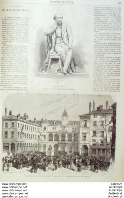 Le Monde illustré 1870 n°684 Elbeuf (76) Vienne (38) Statue Ponsard Italie Rome Cervara