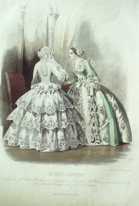 Gravure Les Modes Parisiennes 1850 # 597 Robes en Perkale Maison Chevalier