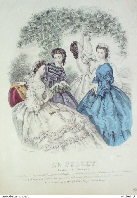 Gravure Mode Le Follet 1863 # 2377 (aquarelle Old Fashion plate)