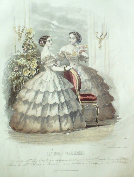 Gravure Les Modes Parisiennes 1850 # 598 Robes en dentelle Maison Chevalier