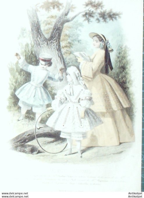 Gravure Les Modes Parisiennes 1856 # 754 Costumes enfants Maison Royer