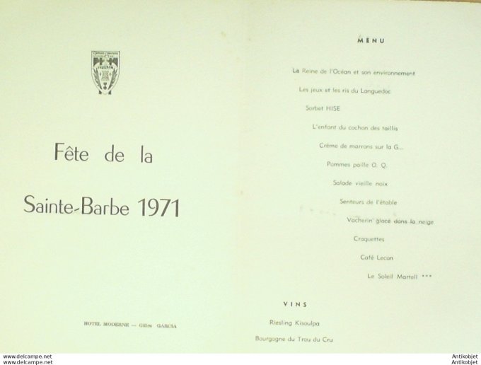 Menu illustré le Chat botté Fête de Sainte-Barbe 1971