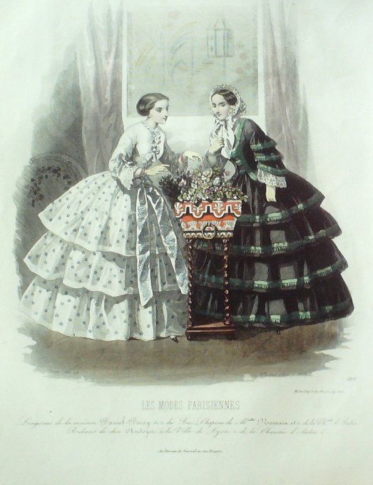 Gravure Les Modes Parisiennes 1850 # 599 Robes tissu Maison Deray
