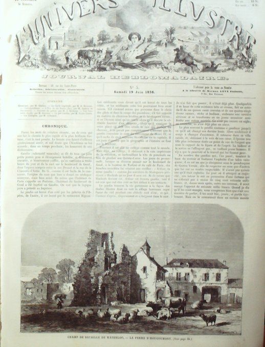 L'Univers illustré 1858 n° 5 Belgique Waterloo Hougoumont Cavalerie uniformes Pré Catalan '92)