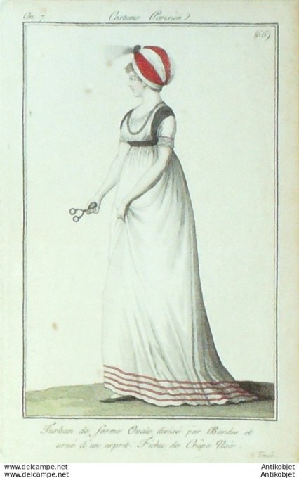 Gravure de mode Costume Parisien 1798 n° 66 (An 7) Fichu de crêpe noir