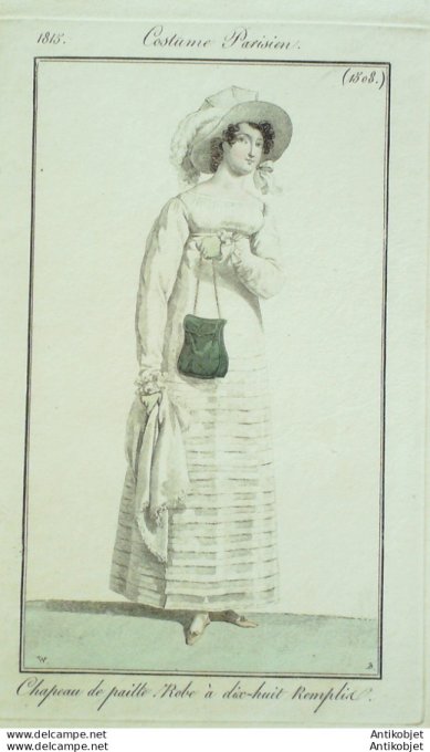 Gravure de mode Costume Parisien 1815 n°1508 Robe à dix huit remplis