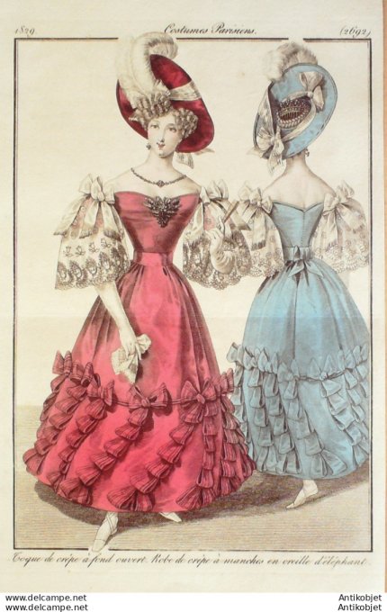 Gravure de mode Costume Parisien 1829 n°2692 Robe et toque crêpe