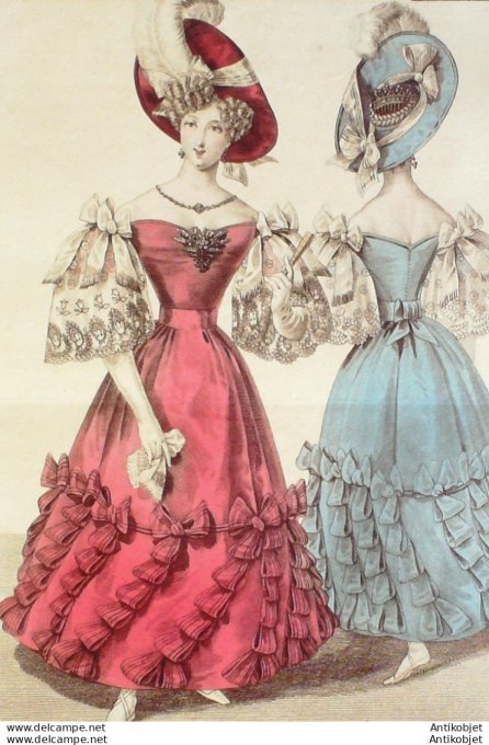 Gravure de mode Costume Parisien 1829 n°2692 Robe et toque crêpe